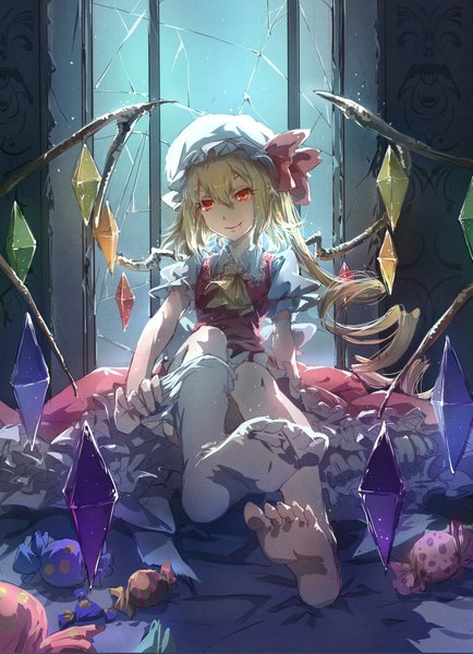 Anime picture 1449x2000 with touhou flandre scarlet yuiko (yuiko33miao) single tall image looking at viewer blush fringe short hair blonde hair smile red eyes sitting bent knee (knees) indoors head tilt teeth shadow short sleeves fang (fangs)