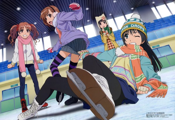 Anime picture 5939x4084 with to aru kagaku no railgun j.c. staff megami magazine misaka mikoto shirai kuroko saten ruiko uiharu kazari shiwasu takashi highres black hair brown hair twintails multiple girls pink hair absurdres one eye closed wink official art snow falling