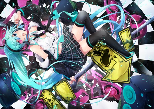 Anime picture 1169x826 with vocaloid hatsune miku hatachi long hair open mouth twintails nail polish aqua hair heterochromia checkered background girl thighhighs skirt black thighhighs detached sleeves miniskirt necktie headphones traffic sign speakers