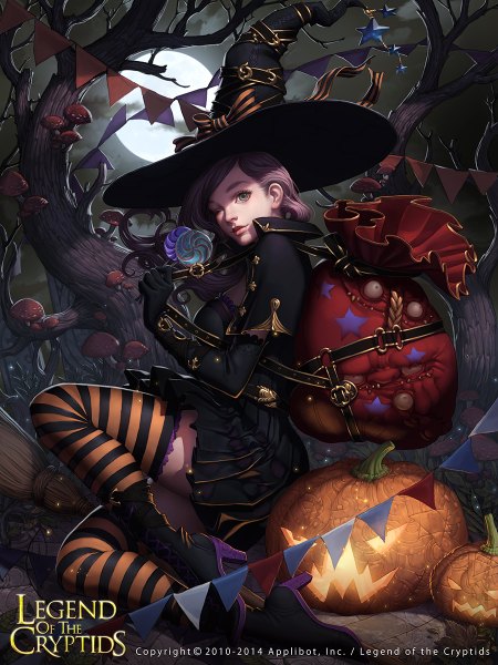 Anime picture 900x1200 with legend of the cryptids lange single long hair tall image looking at viewer sitting brown eyes pink hair bent knee (knees) one eye closed wink night high heels zettai ryouiki watermark halloween witch bare tree logo