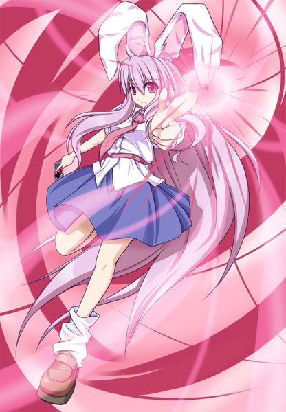 Anime picture 1075x1550 with touhou reisen udongein inaba kuga (rinkane) single long hair tall image red eyes holding purple hair bunny ears bunny girl pointing foreshortening girl skirt miniskirt socks necktie white socks card (cards)