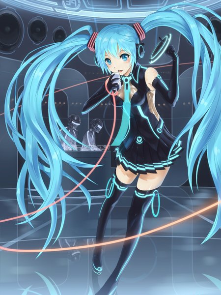 Anime picture 1200x1598 with vocaloid hatsune miku futsuka (dzone) long hair tall image blue eyes twintails blue hair girl thighhighs gloves necktie elbow gloves microphone helmet