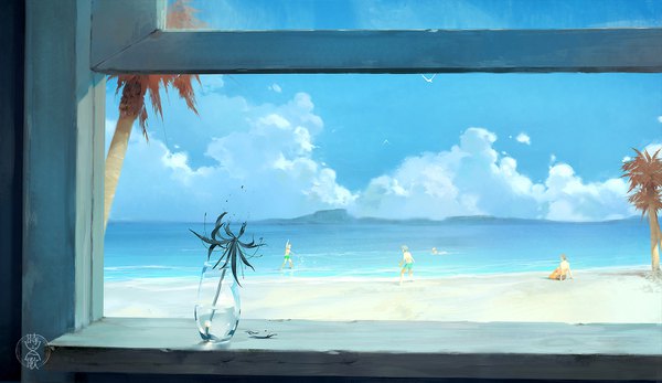 Anime picture 1700x985 with tokiyuki uta project - ii a-shacho wide image standing sitting cloud (clouds) arm up leaning beach horizon swimming boy flower (flowers) plant (plants) tree (trees) window sea palm tree glass people