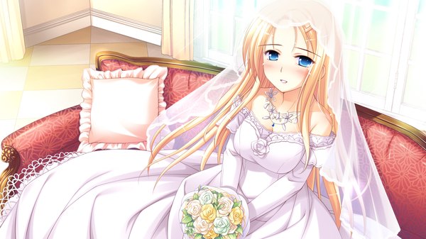 Anime picture 1920x1080 with shukufuku no campanella carina verritti long hair blush highres blue eyes blonde hair wide image game cg girl dress flower (flowers) couch wedding dress