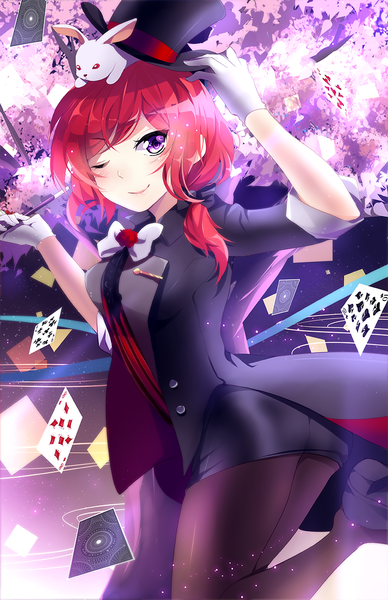 Anime picture 809x1250 with love live! school idol project sunrise (studio) love live! nishikino maki squchan single long hair tall image blush smile purple eyes bent knee (knees) red hair one eye closed looking back wink cherry blossoms animal on head girl gloves