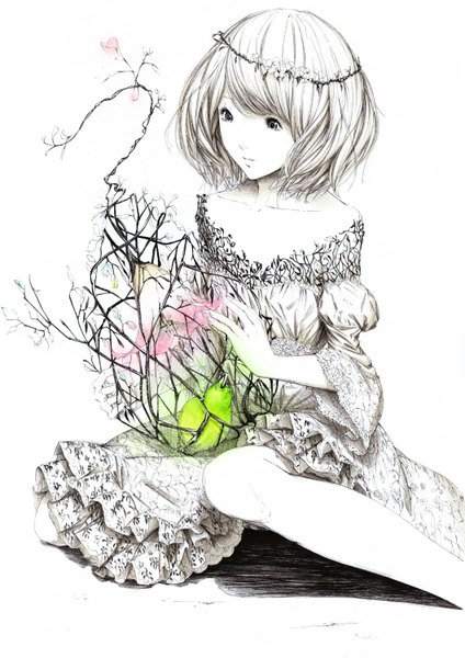 Anime picture 1060x1500 with original sousou (sousouworks) single tall image short hair grey eyes glowing monochrome girl dress flower (flowers) fruit wreath cage