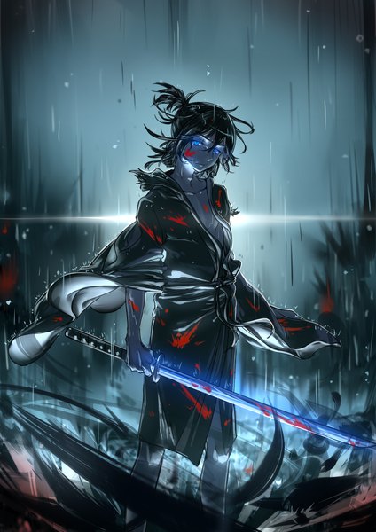 Anime picture 1517x2149 with noragami studio bones yato (noragami) baijin poison single tall image fringe short hair black hair standing holding ponytail traditional clothes japanese clothes glowing glowing eye (eyes) bloody clothes glowing weapon bloody weapon boy