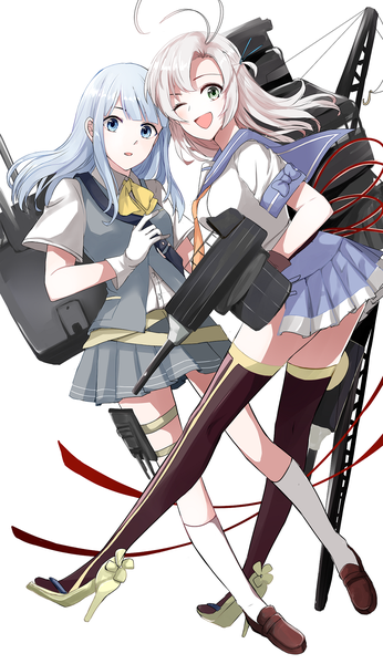 Anime picture 1040x1800 with kantai collection hatsukaze destroyer kinugasa heavy cruiser morinaga (harumori) long hair tall image looking at viewer fringe open mouth blue eyes simple background white background multiple girls green eyes blue hair silver hair full body ahoge one eye closed wink