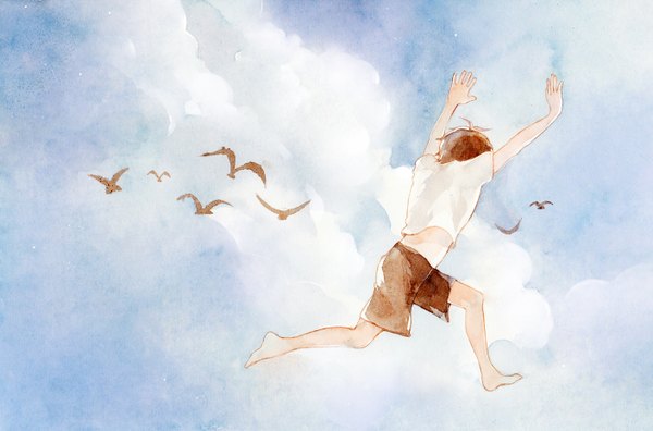 Anime picture 1408x930 with original mei (artist) single short hair brown hair sky cloud (clouds) ahoge barefoot arms up running traditional media watercolor (medium) boy animal shorts bird (birds) t-shirt