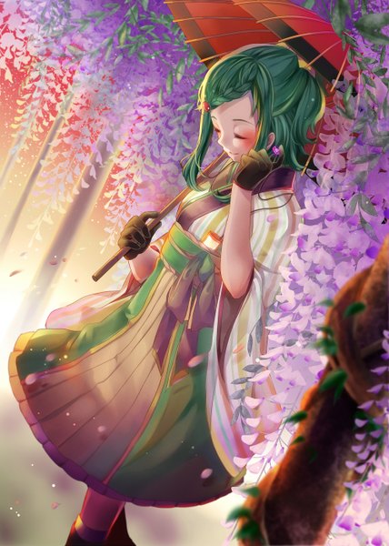 Anime picture 1000x1402 with vocaloid gumi nou single tall image fringe short hair braid (braids) eyes closed traditional clothes green hair light smile alternate costume alternate hairstyle eyeshadow walking girl gloves hair ornament flower (flowers)