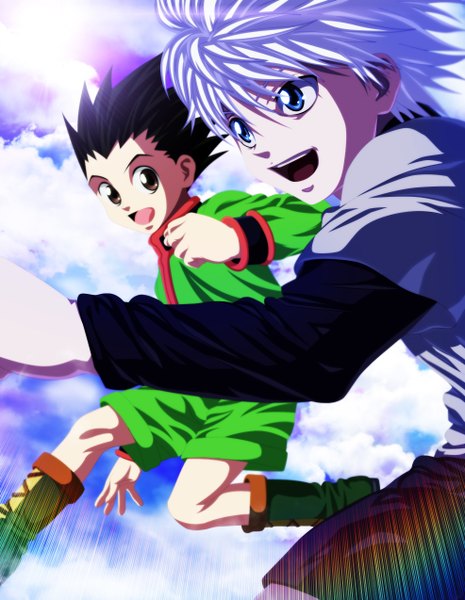 Anime picture 986x1273 with hunter x hunter killua zaoldyeck gon freaks eroishi tall image short hair open mouth blue eyes black hair smile brown eyes sky cloud (clouds) white hair sunlight coloring boy shorts sun