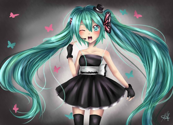 Anime picture 2131x1550 with vocaloid hatsune miku happysmilegear (artist) single long hair blush highres open mouth twintails one eye closed aqua eyes wink aqua hair insect wings butterfly wings girl thighhighs dress gloves black thighhighs