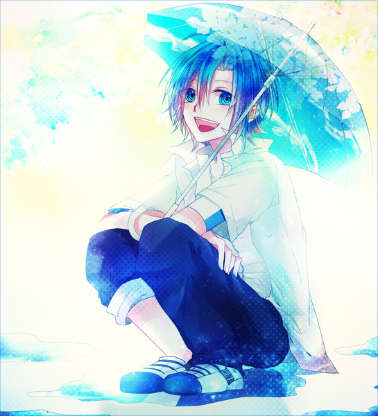 Anime picture 1000x1100 with yowamushi pedal sangaku manami peko (pixiv id3939956) single tall image looking at viewer short hair open mouth blue eyes smile white background blue hair squat open collar @ @ boy shirt white shirt umbrella