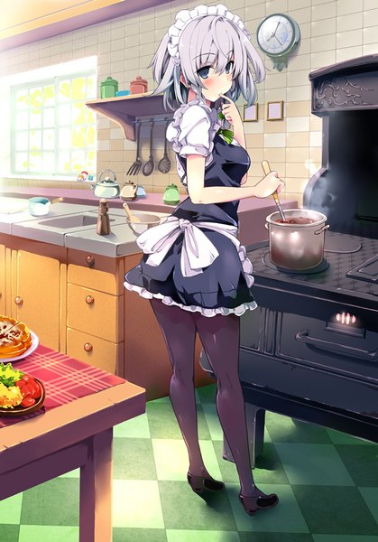 Anime picture 700x1001 with touhou izayoi sakuya morogami ryou single tall image looking at viewer blush fringe short hair breasts standing holding indoors braid (braids) looking back from behind maid twin braids finger to mouth checkered floor