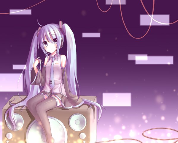 Anime picture 1500x1200 with vocaloid hatsune miku amane kurumi single long hair fringe blue eyes hair between eyes sitting twintails bare shoulders blue hair ahoge bent knee (knees) arm support sparkle zettai ryouiki playing with hair hair twirling girl