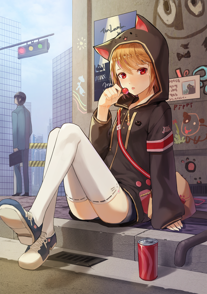 Anime picture 1000x1415 with original kim eb tall image looking at viewer blush fringe short hair hair between eyes red eyes brown hair sitting holding animal ears payot bent knee (knees) outdoors tail long sleeves animal tail cat ears