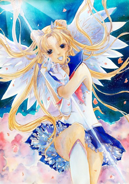 Anime picture 1024x1453 with bishoujo senshi sailor moon toei animation tsukino usagi sailor moon eternal sailor moon ryoko-san18 (artist) single long hair tall image blush open mouth blue eyes blonde hair twintails bare shoulders pleated skirt night sky sleeveless angel wings crescent