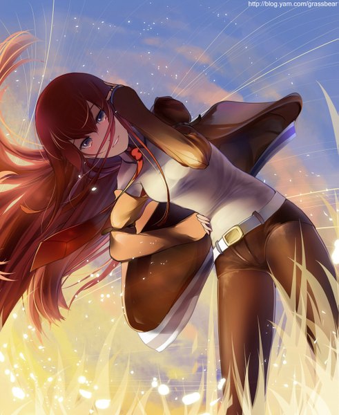 Anime picture 1111x1356 with steins;gate white fox makise kurisu cao xiong (tlb12121) single long hair tall image looking at viewer blush short hair blue eyes smile brown hair standing purple eyes sky wind leaning hand on hip adjusting hair