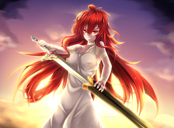Anime picture 2450x1800 with original fi-san single long hair highres red eyes cloud (clouds) red hair wavy hair girl dress weapon sword bandage (bandages) sundress