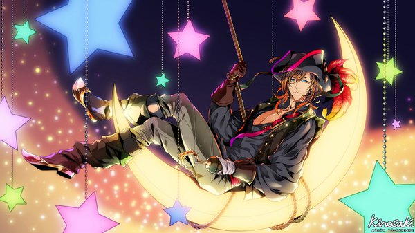 Anime picture 1440x810 with uta no prince-sama a-1 pictures jinguji ren seklutz single long hair looking at viewer blue eyes wide image signed full body light smile orange hair night open shirt night sky crossed legs reclining crescent pirate