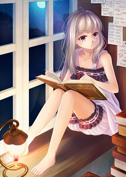 Anime picture 716x1005 with original akotaman single long hair tall image sitting purple eyes white hair barefoot night girl dress window book (books) moon lamp