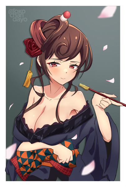 Anime picture 1614x2390 with zombie land saga mappa yuugiri (zombie land saga) rokochan single long hair tall image blush breasts light erotic smile red eyes brown hair large breasts cleavage upper body traditional clothes japanese clothes border breast hold