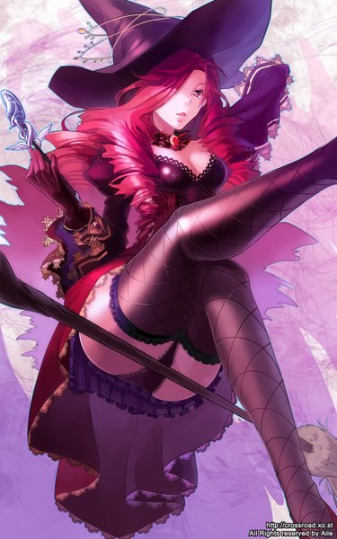 Anime picture 834x1334 with sword girls original curea aile (crossroads) single long hair tall image fringe breasts open mouth light erotic red eyes looking away cleavage red hair hair over one eye no bra flying witch smoking