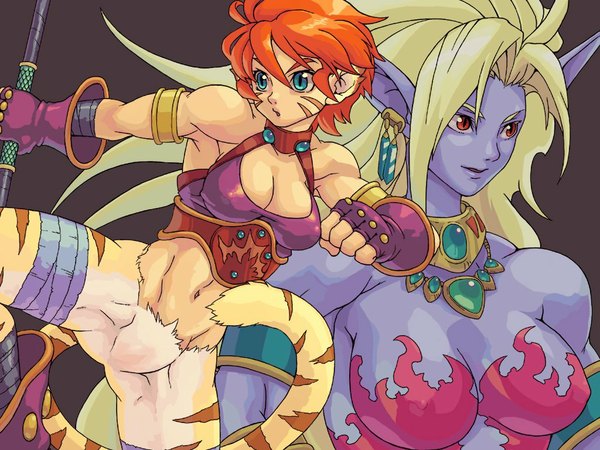 Anime picture 1024x768 with breath of fire breath of fire ii rinpoo chuan light erotic blonde hair red eyes multiple girls green eyes animal ears red hair tail nude cat ears cat tail erect nipples covered nipples muscle dual persona abs blue skin