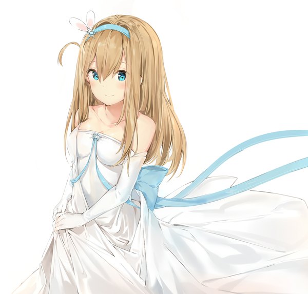 Anime picture 2300x2200 with girls frontline suomi kp31 (girls frontline) silver (chenwen) single long hair looking at viewer blush fringe highres simple background blonde hair smile hair between eyes white background bare shoulders aqua eyes one side up girl dress gloves