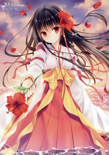 Anime picture 1996x2824 with tatekawa mako single long hair tall image looking at viewer highres black hair red eyes traditional clothes hair flower scan miko girl hair ornament flower (flowers) petals hibiscus