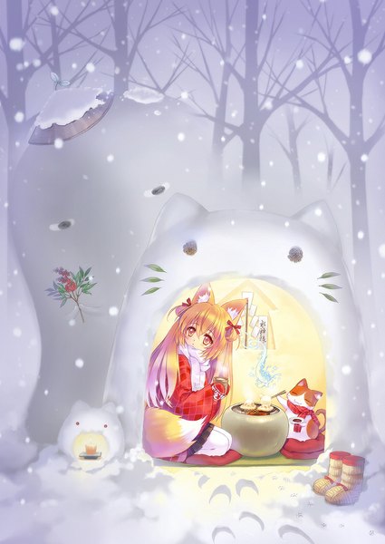Anime picture 800x1130 with original carnelian long hair tall image blonde hair animal ears yellow eyes tail animal tail fox ears fox tail fox girl snowing winter snow shoes removed girl plant (plants) animal tree (trees)