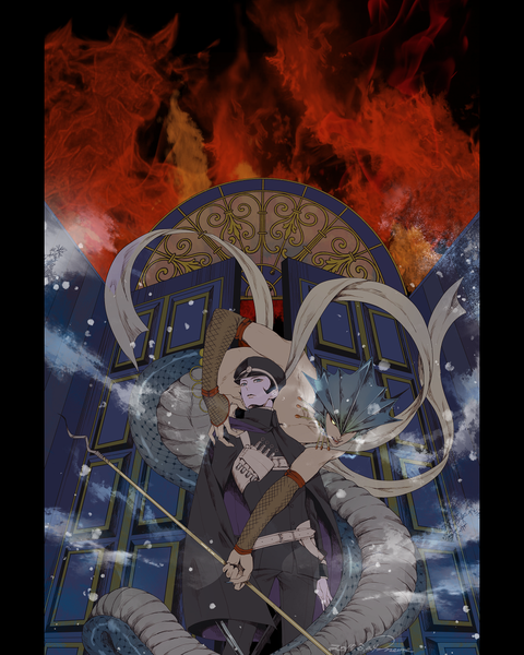 Anime picture 980x1225 with shin megami tensei devil summoner kuzunoha raidou memessa tall image short hair blue eyes black hair tail from below grey eyes turning head demon pillarboxed snake tail sidewhiskers boy cloak peaked cap shawl