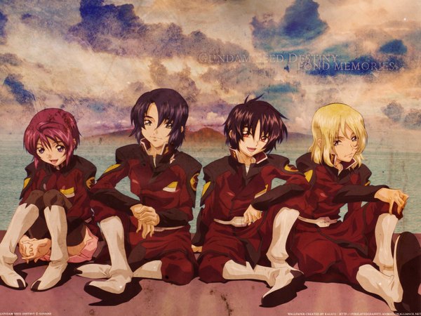 Anime picture 1600x1200 with mobile suit gundam gundam seed destiny sunrise (studio) athrun zala lunamaria hawke shinn asuka rey za burrel kalicodreamz takano kazufumi short hair black hair blonde hair smile sitting pink hair multiple boys wallpaper group third-party edit girl