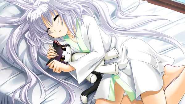 Anime picture 1280x720 with sangoku hime unicorn-a long hair wide image game cg white hair eyes closed sleeping girl shirt toy stuffed animal