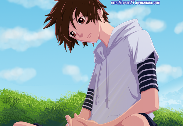 Anime picture 1024x706 with the breaker shi-woon yi lorse77 single short hair brown hair brown eyes sky cloud (clouds) coloring striped boy uniform plant (plants) tree (trees) gym uniform