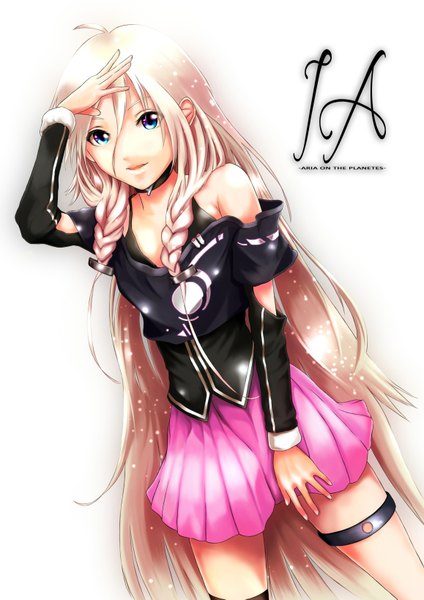 Anime picture 1158x1637 with vocaloid ia (vocaloid) din (raiden) single tall image looking at viewer fringe simple background white background braid (braids) very long hair aqua eyes light smile lips off shoulder inscription twin braids girl skirt pendant