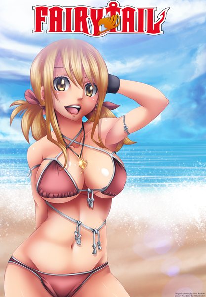 Anime picture 1113x1600 with fairy tail lucy heartfilia hikarinogiri single long hair tall image open mouth light erotic blonde hair smile twintails yellow eyes sky cloud (clouds) inscription armpit (armpits) midriff lipstick beach coloring