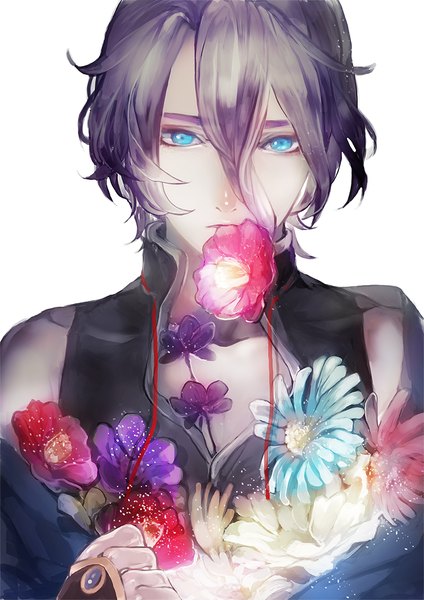 Anime picture 800x1131 with touken ranbu nitroplus kasen kanesada ihiro single tall image looking at viewer fringe short hair blue eyes simple background hair between eyes white background holding purple hair lips mouth hold flower in mouth boy flower (flowers)
