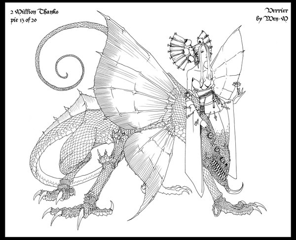 Anime picture 1740x1416 with anima fringe highres hair over one eye border monochrome insect girl girl hair ornament flower (flowers) wings reptile lizard