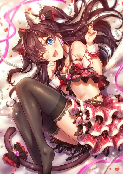 Anime picture 800x1130 with idolmaster idolmaster cinderella girls ichinose shiki mika (1020mk) single long hair tall image blush open mouth blue eyes brown hair bare shoulders animal ears tail animal tail one eye closed wink cat ears sparkle cat girl