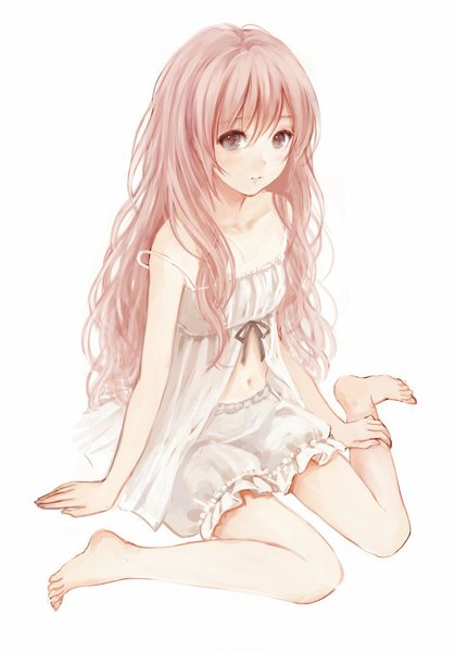 Anime picture 698x1000 with original fukahire (ruinon) single long hair tall image blush fringe highres white background sitting pink hair pink eyes barefoot bare legs legs wariza girl navel