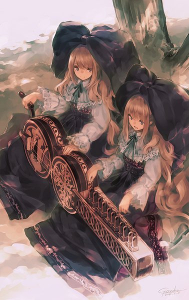 Anime picture 2256x3578 with original garuku tall image fringe highres blonde hair sitting multiple girls signed outdoors very long hair traditional clothes grey eyes playing instrument girl dress 2 girls plant (plants) tree (trees) headdress