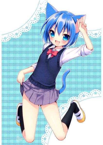Anime picture 850x1200 with original onka usashiro mani single tall image looking at viewer blush short hair open mouth blue eyes signed animal ears blue hair tail animal tail pleated skirt cat ears cat tail loli victory