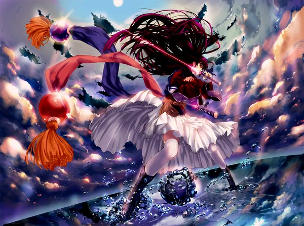 Anime picture 1138x848 with original zen99 single long hair red eyes purple hair cloud (clouds) girl thighhighs dress skirt weapon miniskirt white thighhighs sword boots katana