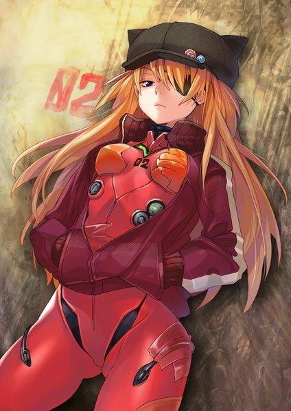 Anime picture 1414x2000 with neon genesis evangelion rebuild of evangelion gainax soryu asuka langley shikinami asuka langley chachie single long hair tall image looking at viewer fringe blue eyes standing animal ears orange hair from below hands in pockets girl jacket headdress