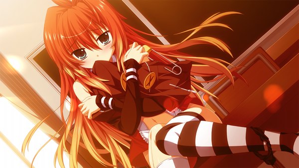 Anime picture 1280x720 with fortissimo//akkord:bsusvier (game) satomura momiji ooba kagerou single long hair looking at viewer blush blue eyes wide image sitting game cg red hair hug girl thighhighs navel detached sleeves striped thighhighs