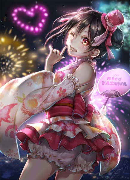Anime picture 700x965 with love live! school idol project sunrise (studio) love live! yazawa nico ao+beni single tall image looking at viewer fringe open mouth light erotic black hair hair between eyes red eyes signed payot traditional clothes japanese clothes one eye closed wink