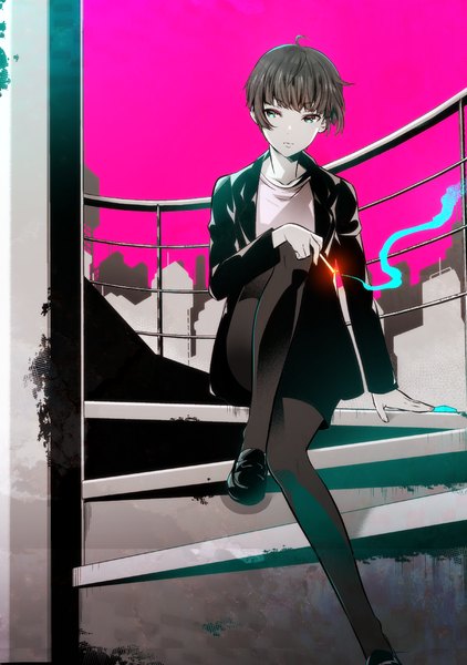 Anime picture 907x1289 with psycho-pass production i.g tsunemori akane kuso bba single tall image fringe short hair blue eyes black hair holding looking away sky ahoge bent knee (knees) city smoke girl pantyhose building (buildings)