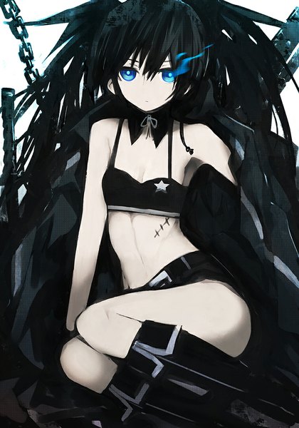 Anime picture 700x999 with black rock shooter black rock shooter (character) zen33n single long hair tall image looking at viewer blue eyes light erotic black hair sitting twintails glowing scar glowing eye (eyes) girl weapon sword shorts katana