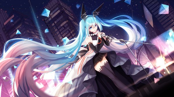 Anime picture 1920x1080 with forever 7th capital vocaloid hatsune miku bison cangshu single fringe highres open mouth blue eyes hair between eyes wide image twintails animal ears payot very long hair aqua hair official art from below leaning zettai ryouiki